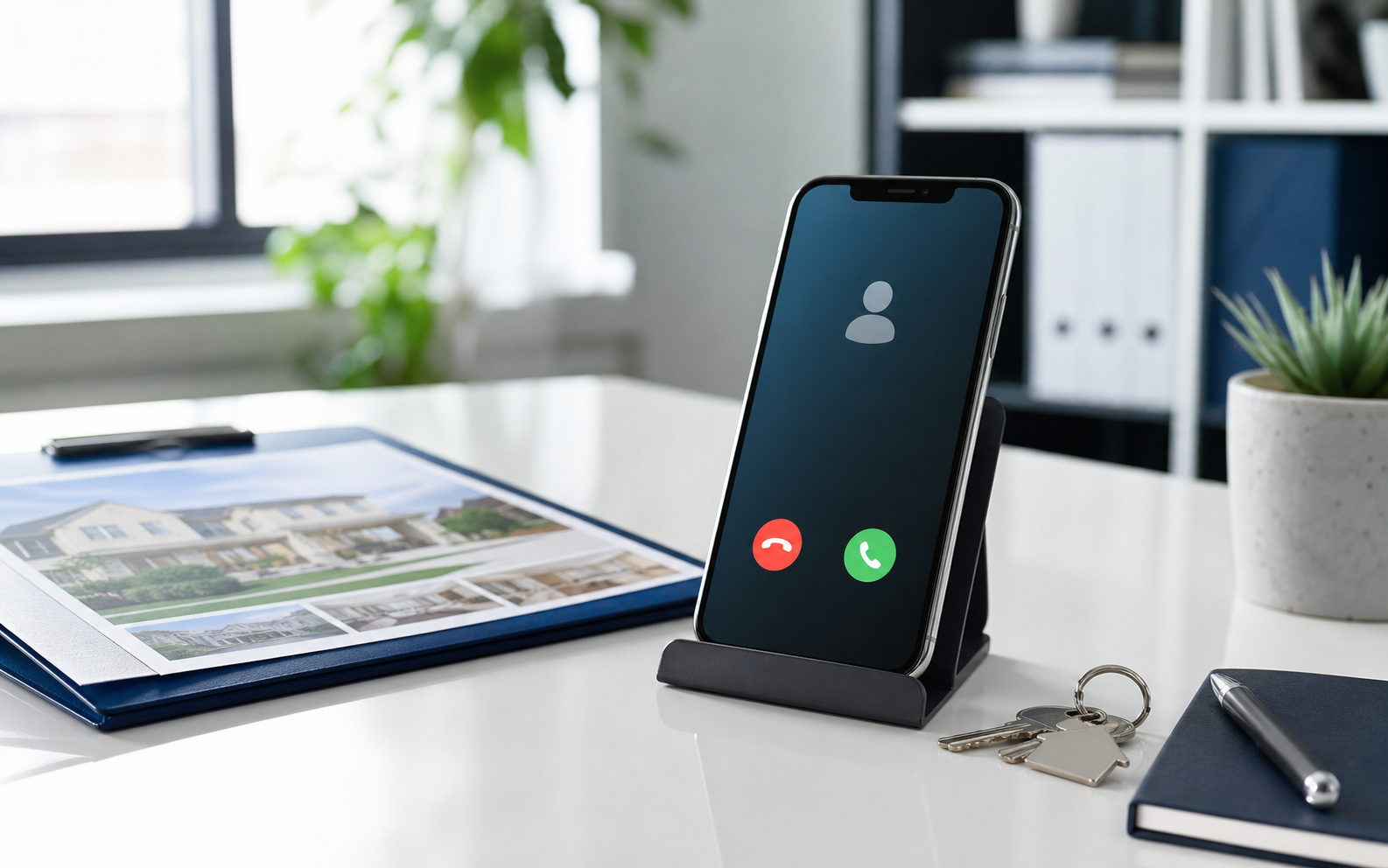Smartphone on a real estate desk with a call screen